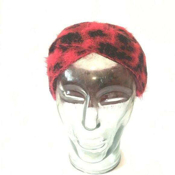 DKNY NEW Fuzzy Red Black Animal Print Knit Front Twist Headband Ear Warmer Head - Picture 2 of 7